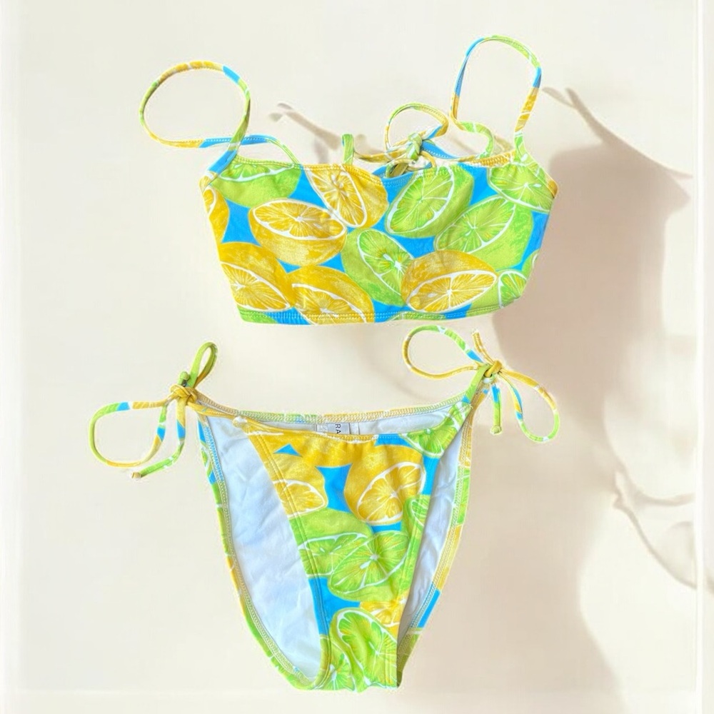 RAMPAGE Lemon Lime Y2K Square Neck Strappy 2 Piece Bikini Swimsuit S/M